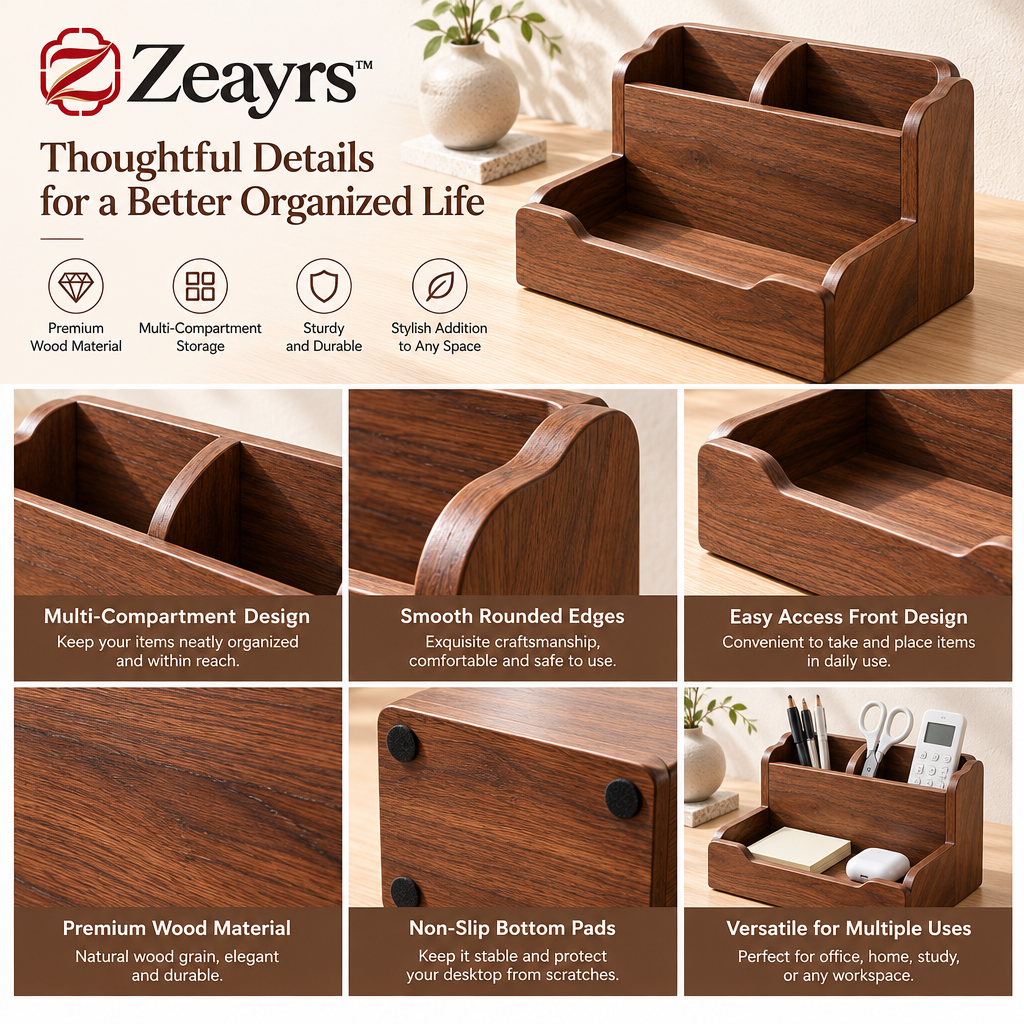 Walnut Desktop Organizer — supplied promotional detail graphic