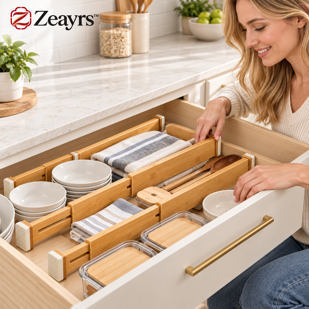 Expandable Bamboo Drawer Dividers — supplied styled scene