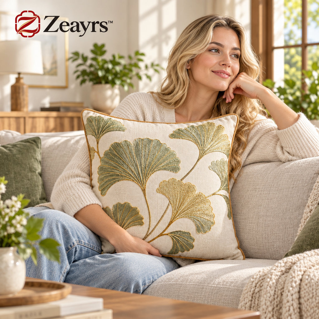 Ginkgo Embroidered Throw Pillow — supplied styled scene