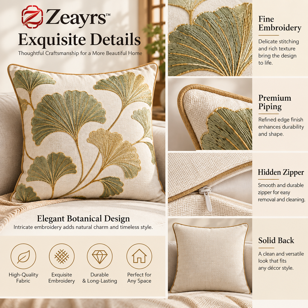 Ginkgo Embroidered Throw Pillow — supplied promotional detail graphic