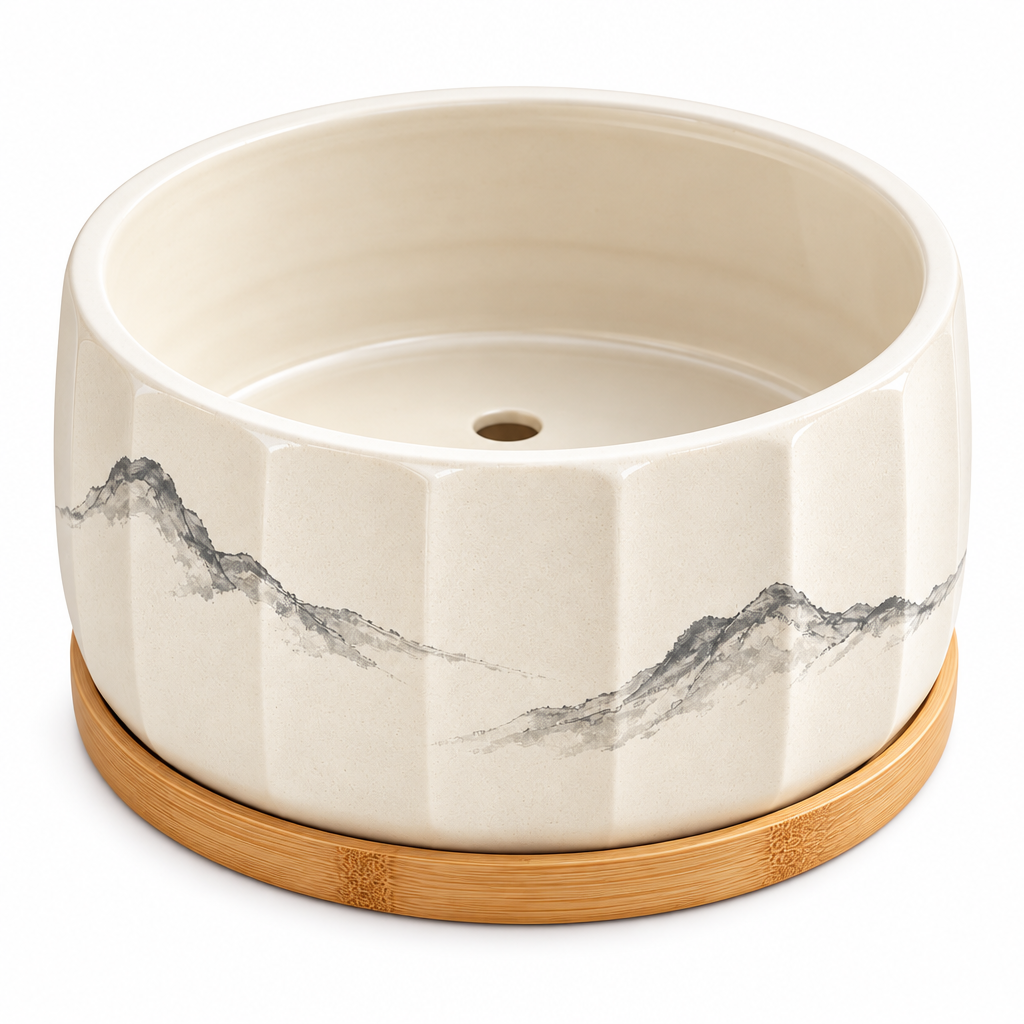 Ceramic Planter With Bamboo Saucer — isolated product view