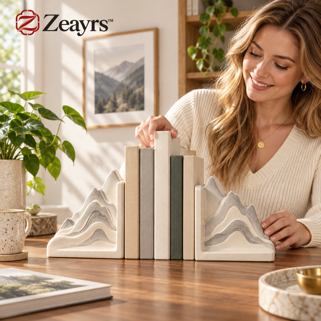 Mountain Ceramic Bookends — supplied styled scene
