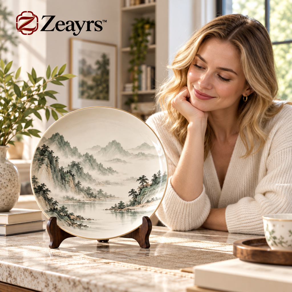 Mountain-Landscape Ceramic Display Plate — supplied styled scene